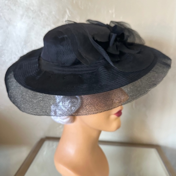 EXQUISITE 1940s\' BLACK TOPSTITCHED FABRIC & CRIN WIDE BRIM TILT HAT main image 5